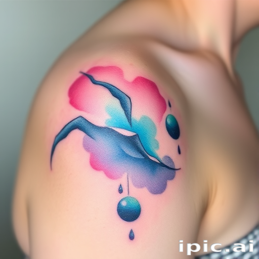 Ethereal watercolor splash tattoo titled "Aurora's Dance" showcasing soft pastel hues blending seamlessly to depict the mesmerizing Northern Lights, capturing the beauty of nature on the shoulder