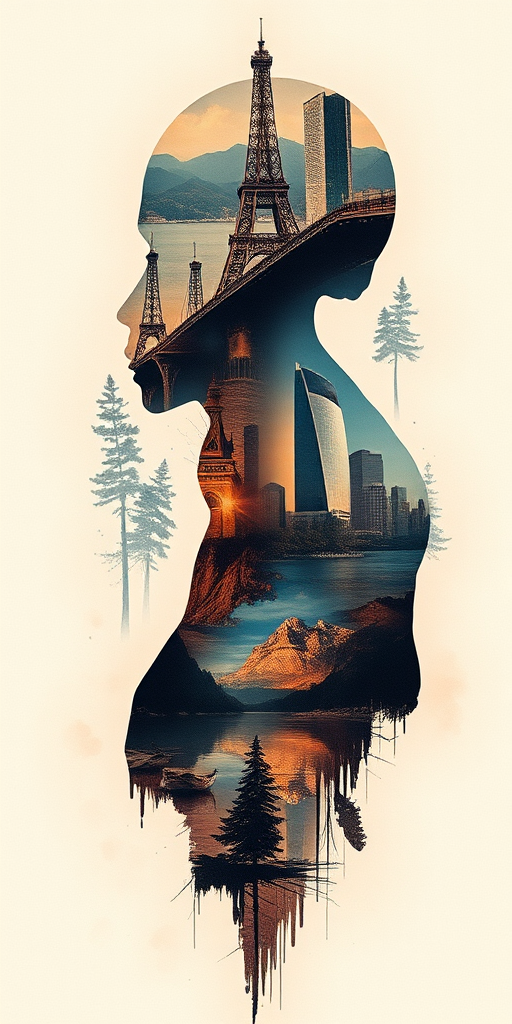Surreal double exposure tattoo blending natural and urban landscapes within a human silhouette, seamless transition between contrasting elements, dreamy and thought-provoking visual narrative