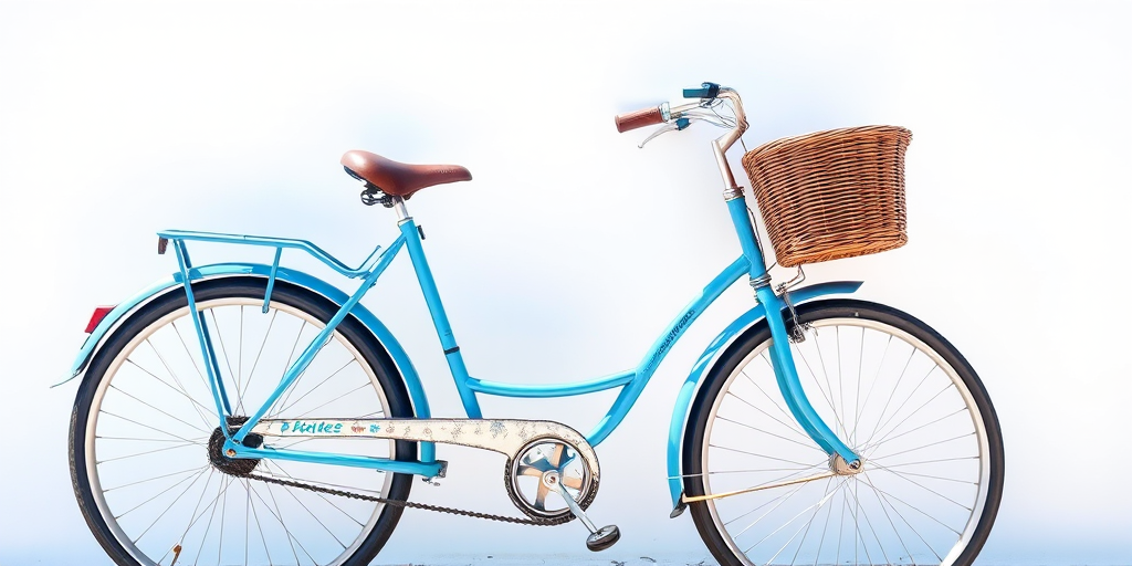 A vintage blue bicycle with a wicker basket standing against a white background, taken with a Canon EOS R5, 50mm lens, f/2.8 aperture, ISO 100, natural sunlight for enhanced colors and details.