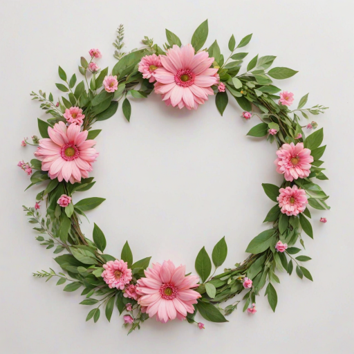 create a circular floral wreath design with pink flowers, green leaves, and small colorful accents on a white background