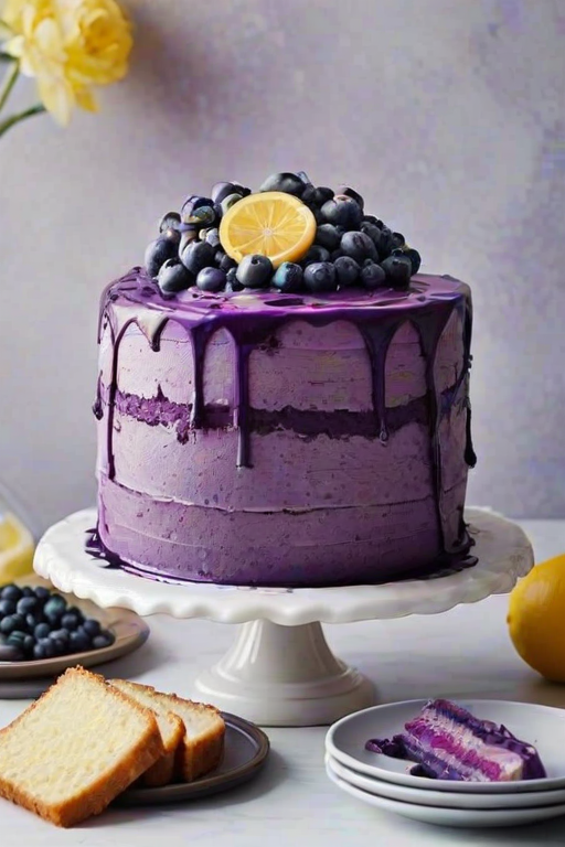 Create a visually stunning image of a multi-layered cake with a vibrant purple frosting. The cake should be filled with blueberries and decorated with fresh flowers, including lavender and other colorful blooms. The setting should be elegant, with a marble cake stand and a soft, light background that enhances the cake's beauty. Include some scattered blueberries and lemon zest around the base for added detail.
