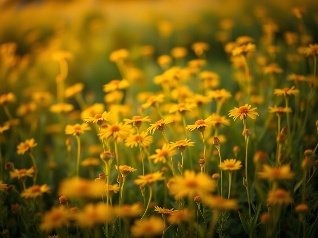 A field of yellow flowers in soft focus during golden hour, with vibrant green foliage, shot with a DSLR camera at f/2.8 aperture, ISO 100, 50mm lens, shallow depth of field, and a warm color palette.