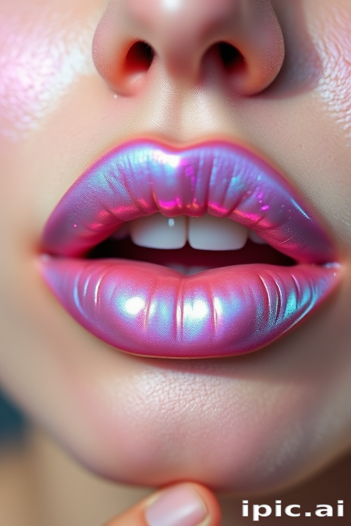 Ethereal iridescent lip gloss transforms ordinary lips into a mesmerizing display of shifting colors, from lavender to pale blue, catching light at every angle