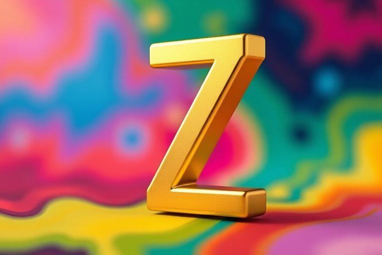 Create a high-resolution 3D rendering of a metallic gold letter Z on a colorful abstract background using a DSLR camera with a 50mm lens, aperture set to f/1.8, ISO 100, and a shallow depth of field for enhanced detail and clarity.