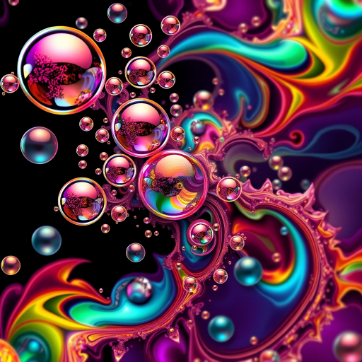 create a vibrant abstract fractal image featuring colorful bubbles and swirling patterns against a dark background, using a high-resolution digital camera with an aperture of f/8, ISO 100, and a wide-angle lens for depth, capturing intricate details and enhancing color saturation