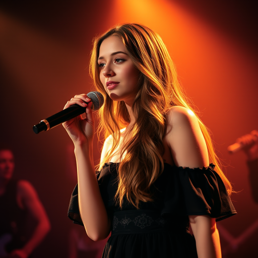 A young woman with long, flowing brown hair is standing in the center of the frame, holding a microphone in her right hand, and looking slightly off to the right side of the frame. She is wearing a black, off-the-shoulder dress with delicate lace detailing. The lighting is warm and dramatic, creating a spotlight effect on the singer. There are other figures in the background, blurred and out of focus, suggesting a concert or performance setting. The camera angle is low, capturing the woman from the waist up. The overall atmosphere is intimate and captivating.