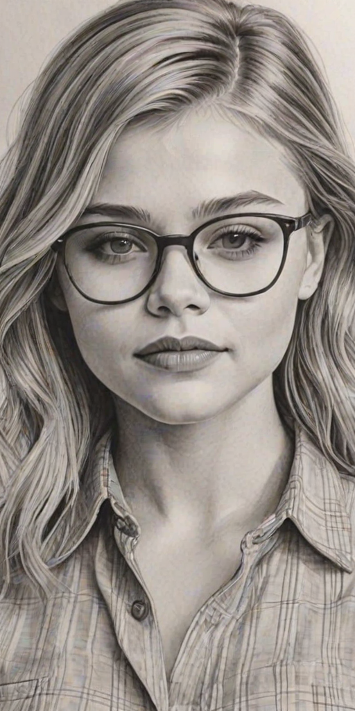Graceful Chloe Grace Moretz, pencil sketch, portrait of Beauteous woman 1958s in glasses, hair style beatnik, outline, clear lines, fine lines, 8k