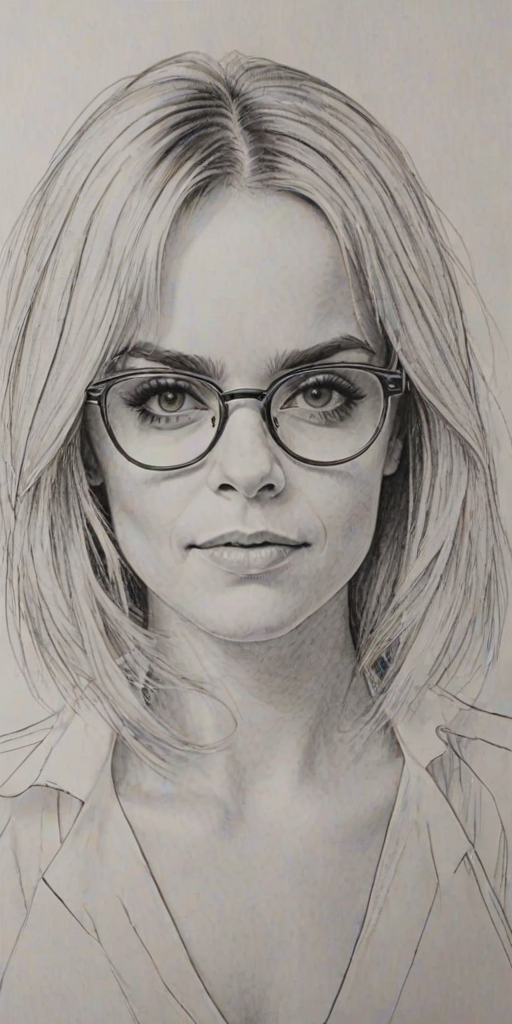 Pleasing Taryn Manning, pencil sketch, portrait of Resplendent woman 1979s in glasses, hair style beatnik, outline, clear lines, fine lines, 8k