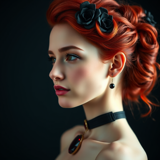 A young woman with bright red hair styled in a voluminous updo adorned with black floral accents, wearing a black choker with a large red gemstone pendant, looks off to the side with a slightly pensive expression, her face softly lit against a dark background.  The image is composed as a portrait, shot from a close-up perspective, with the subject filling most of the frame.  The woman's skin appears fair and flawless, with a subtle glow.  The overall atmosphere is elegant and slightly dramatic.