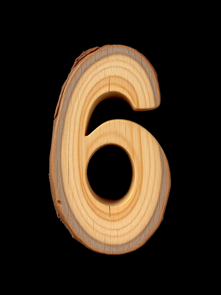 Create an image of the number 6 carved out of rustic wood with a textured surface, using a macro lens at f/2.8, ISO 100, shutter speed 1/100s, positioned at eye level against a black background.