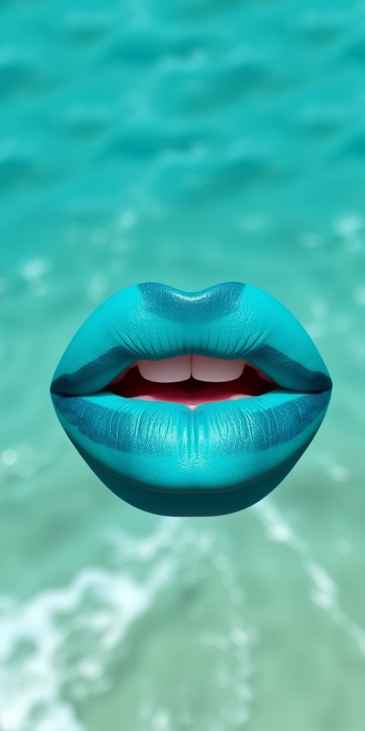 Striking two-toned lips featuring contrasting shades of teal and turquoise, expertly blended for a unique ombre effect, photographed against a complementary ocean backdrop