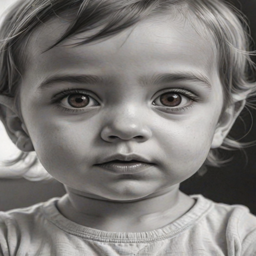 A hyperdetailed photorealistic black and white sketch of a beautiful toddler with deep red eyes, with a macro focus
