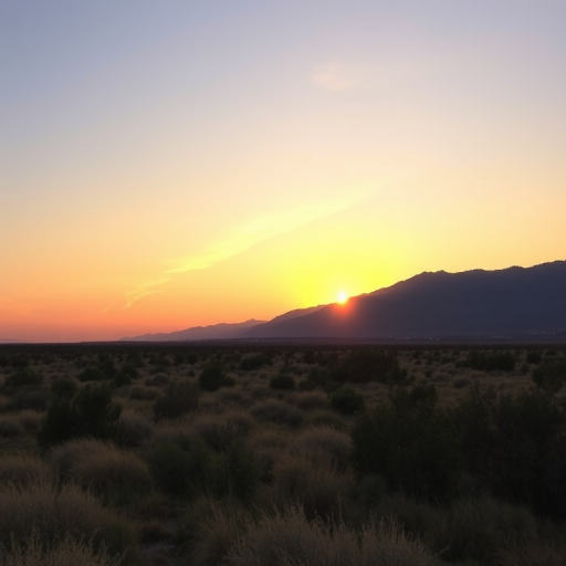 create a high-resolution image of a serene landscape at sunrise with a clear sky and mountains in the background using a DSLR camera with a 50mm lens, aperture f/8, shutter speed 1/250s, and ISO 100, shot from a wide-angle view to capture vibrant colors and details.