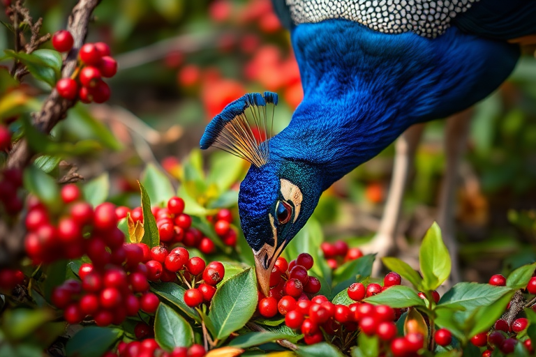close-up of a peacock foraging in a lush garden filled with red berries, shallow depth of field, 50mm lens, f/1.8 aperture, ISO 200, natural light, DSLR camera