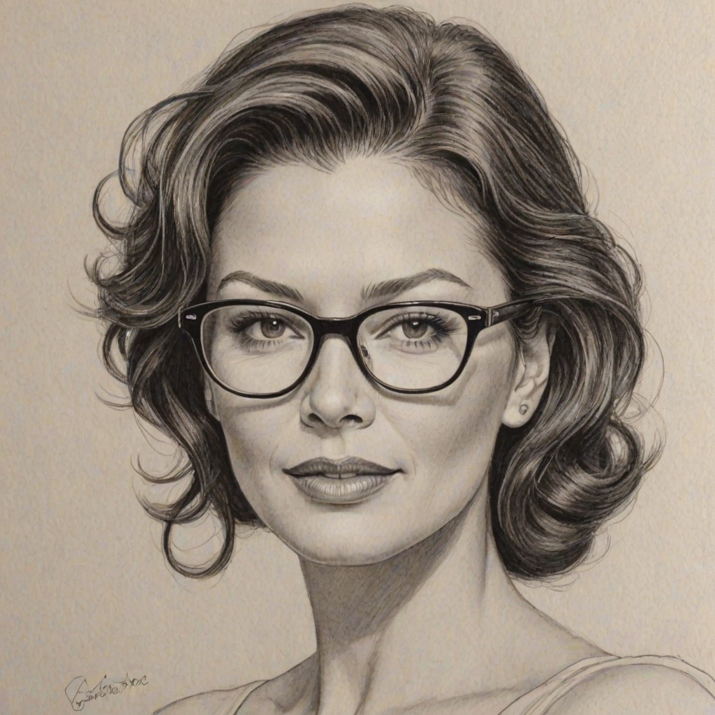 Graceful Catherine Zeta-Jones, pencil sketch, portrait of Splendid woman 1951s in glasses, hair style beatnik, outline, clear lines, fine lines, 8k