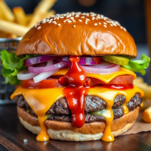 High-resolution, close-up image of a gourmet double cheeseburger. The burger features a glossy, sesame-seed-topped brioche bun. Inside, there are two thick, juicy beef patties, each topped with melted cheddar cheese. The burger is garnished with fresh lettuce, tomato slices, diced onions, and pickles. A generous amount of ketchup and a creamy, orange-colored sauce is dripping down the sides, adding to the mouth-watering appeal. In the background, there are blurred elements including a side of golden French fries and a hint of a beverage, enhancing the overall presentation of a delicious meal.