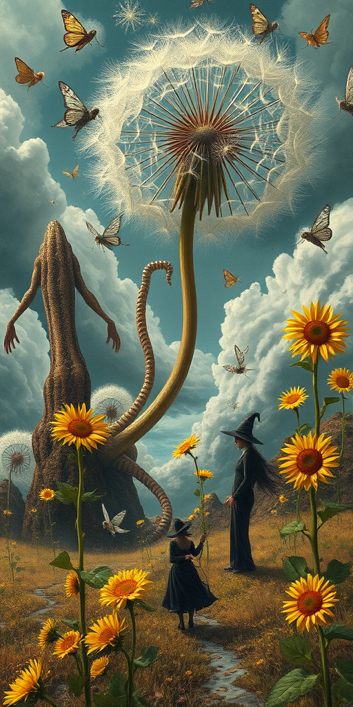 A surreal allegory featuring ethereal fairies, towering sunflowers, and an enigmatic witch, all set within a dreamlike landscape. The scene is dominated by a colossal dandelion, its delicate seeds floating through the air, reminiscent of Yves Tanguy's abstract forms. The environment is a blend of otherworldly elements and natural beauty, with twisted, elongated shapes and surreal colors that evoke a sense of mystery and enchantment.