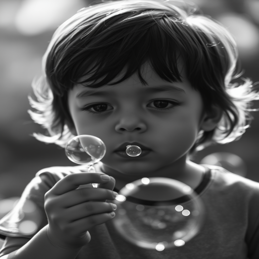 Capture a high-contrast black and white image of a child blowing bubbles, featuring a soft, diffused background with sparkling bubble highlights, using a Canon EOS R5, 50mm f/1.2 lens, aperture set to f/2.8, shutter speed 1/125s, ISO 200, in backlighting for dramatic effect.