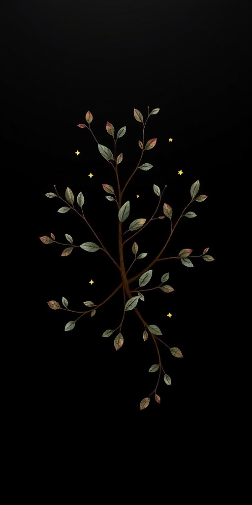 Create a minimalist illustration of intertwining branches with leaves and dotted stars on a black background, using a high-resolution digital camera with a focal length of 50mm, aperture set to f/2.8 for a shallow depth of field, and a soft lighting setup to enhance contrast and detail.