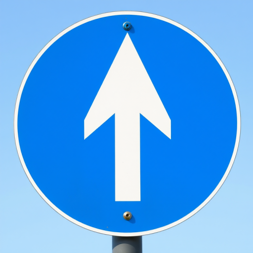 Create a high-resolution image of a U-turn road sign with a white arrow pointing downwards on a blue circular background, using a DSLR camera with a focal length of 50mm, aperture set to f/2.8, ISO 100, and a standard view.