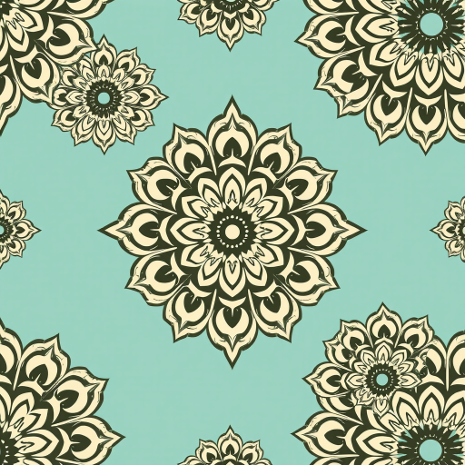 create a seamless pattern of intricate floral mandalas in soft cream and black on a teal background, captured with a Canon EOS R5, 50mm lens, f/2.8 aperture, 1/125s shutter speed, in bright daylight with soft shadows, high resolution.