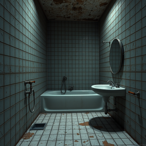 Create a highly detailed and realistic 3D render of an abandoned bathroom with peeling tiles, rusted fixtures, and dim lighting, shot with a Canon EOS R5 at 24mm, f/8, ISO 200, using HDR photography techniques to enhance textures and shadows.