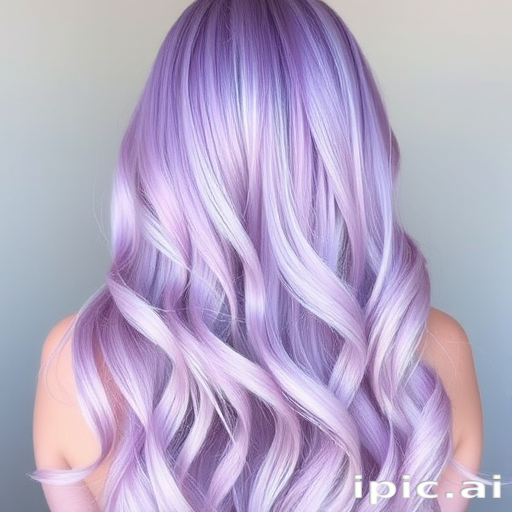 Ethereal lavender-tinted tresses in the "Mystic Meadow" style, long flowing layers with subtle pastel pink balayage, soft beachy waves cascading down back, face-framing pieces delicately curled, iridescent sheen reflecting light beautifully