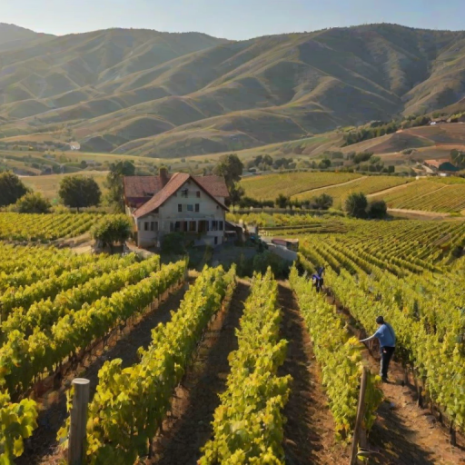 Scenic vineyard during the harvest season, with workers picking grapes under the warm sun, rows of vines stretching into the distance, and a picturesque farmhouse nestled among the hills.