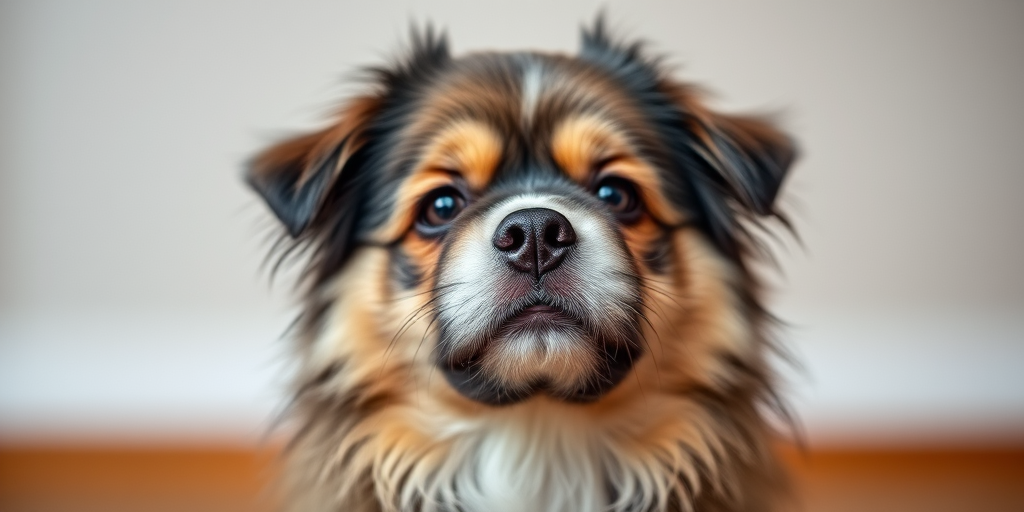 A fluffy dog portrait with a soft focus background, f/2.8 aperture, ISO 200, 85mm lens, natural light, taken at eye level with a DSLR camera.