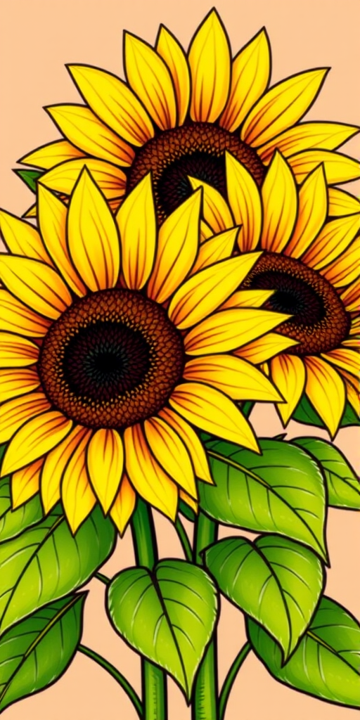 create a colorful illustration of two sunflowers with large yellow petals and brown centers, surrounded by green leaves against a solid background
