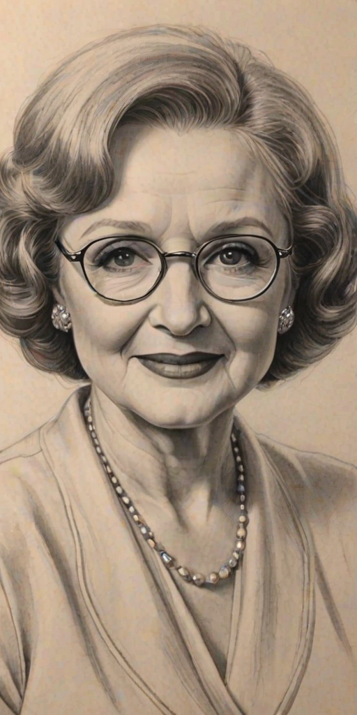 Ravishing Betty White, pencil sketch, portrait of Splendid woman 1935s in glasses, hair style beatnik, outline, clear lines, fine lines, 8k