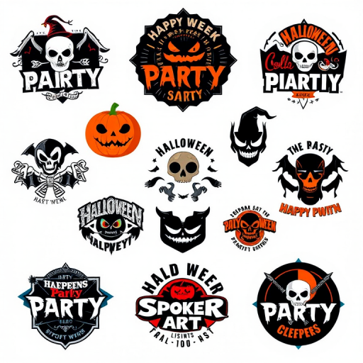 Create a high-resolution flat lay image of Halloween-themed graphic designs featuring spooky party logos in a variety of styles, 50mm lens, f/2.8 aperture, ISO 100, soft diffused lighting, top-down view, shot on a DSLR camera.