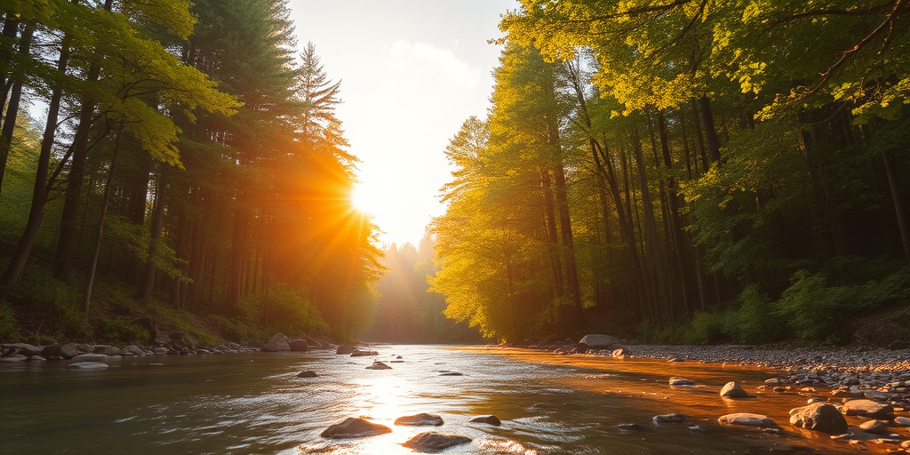 Create an image of a serene, sunlit forest scene with a clear, gently flowing river. Tall trees with lush green foliage line both sides of the river, their leaves bathed in the warm golden light of the setting or rising sun. The sunlight filters through the trees, casting soft, dappled light on the river, which flows over smooth rocks and pebbles, creating a peaceful, natural atmosphere. The sky is bright with a few scattered clouds, and the overall mood is tranquil, evoking a deep sense of connection with nature. The image captures the beauty of a calm, pristine forest landscape at either dawn or dusk.