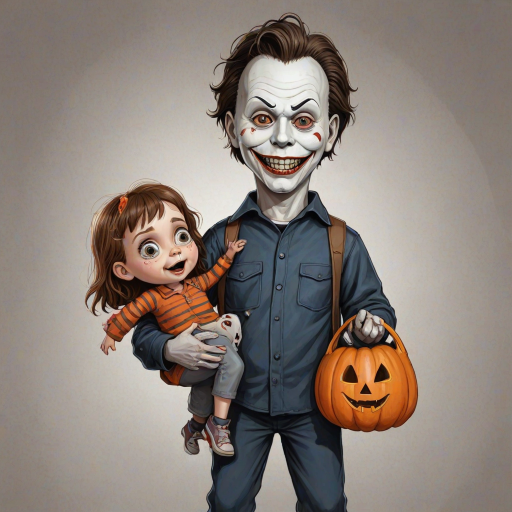 A whimsical caricature of a child version of Michael Myers, grinning mischievously. He is held by the hand of an unrecognizable person (only their hand visible), while holding a bag labeled 'Trick or Treat.' His facial expression is playful yet slightly menacing, reflecting his iconic figure. The scene is in portrait format with a Halloween theme, featuring exaggerated cartoon details like big eyes, a small body, and a creepy yet light-hearted tone.