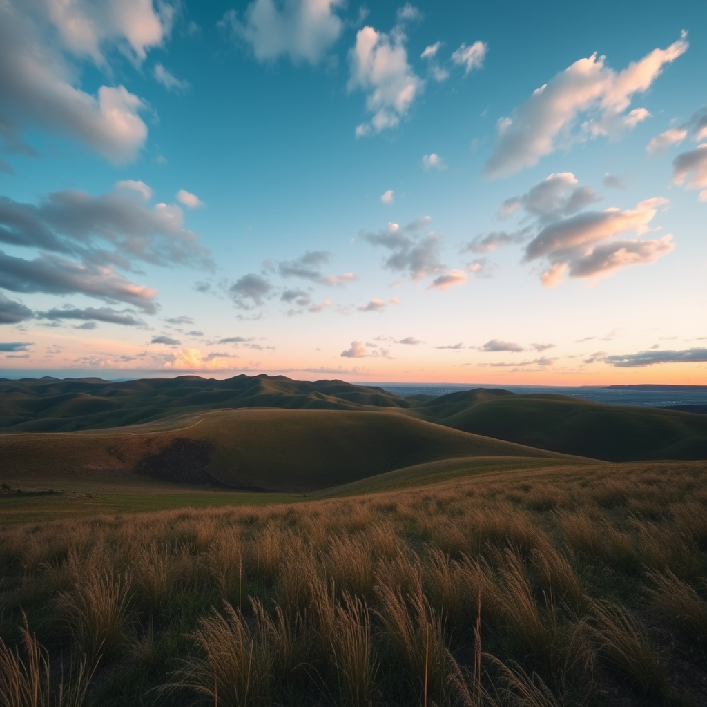 Image of a serene landscape featuring rolling hills under a twilight sky with scattered clouds, captured using a DSLR camera with a 50mm lens, aperture set to f/2.8, shutter speed 1/250s, ISO 200, in a wide-angle view, to enhance clarity and depth.