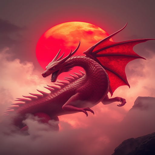 regenerate a majestic red dragon emerging from a swirling mist with a blood-red sun in the background, capture in high resolution, use a Canon EOS R5 with a 50mm lens, aperture f/1.8, shutter speed 1/200, ISO 100, soft focus background for depth and vibrant color enhancement