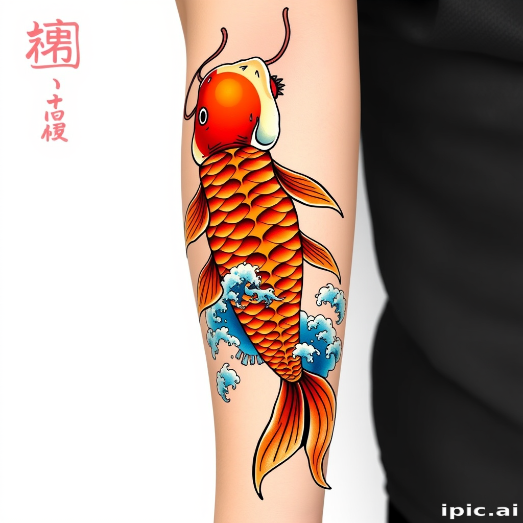 Japanese-style koi fish swimming up arm, transforming into dragon at shoulder, vibrant oranges and reds with blue wave accents