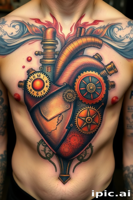 Steampunk tattoo named "Chrono Construct" featuring an intricate mechanical heart design with gears, pistons, and clockwork elements, accented with copper and brass tones, creating the illusion of a functioning steam-powered organ, suitable for chest, back, or upper arm placement