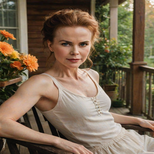 A photo of Nicole Kidman with a background of a cozy porch. She has dark hair pulled back in an updo, with tendrils framing her face. She wears a white tank top and sits on the porch. The porch is part of a well-lit home with a warm, earthy tone and colorful flowers and foliage. The overall scene has a warm, welcoming, and comfortable ambiance.
