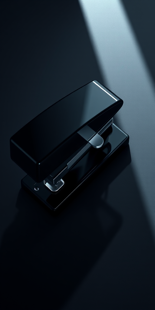 Create an ultra-high-resolution illustration of a modern stapler featuring a sleek black design, soft lighting with shadows for depth, captured from a top-down angle using a DSLR camera at f/2.8, ISO 200, and a shutter speed of 1/60s to enhance image quality.