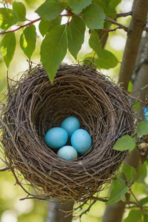 Softly focused close-up of a robin's nest in a tree, soft sunlight filtering through the leaves, with delicate blue eggs nestled inside and distant blossoms providing a colorful backdrop.