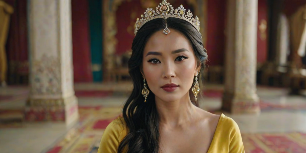 A gorgeous Tibetan woman in a luxurious Yellow gown, accessorized with a dazzling tiara and statement earrings, her deep green eyes highlighted by impeccable makeup, poised in a royal setting, photorealistic, 8K quality