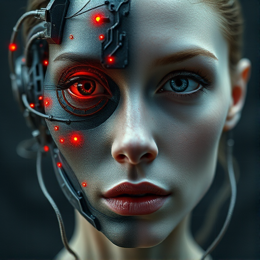 wired-cyborg, biomechanical, high quality photography of a woman's face, split down the middle, showcasing two distinct halves. The left side of her face is a mechanical construct, resembling a futuristic cyborg or android, with intricate circuitry and wires visible beneath her skin. The mechanical half is a dark, metallic color with glowing red circuitry and numerous tiny, glowing red lights, giving it an eerie, otherworldly appearance. The right side of her face is human, with pale, almost deathly skin, sci-fi horror aesthetic.