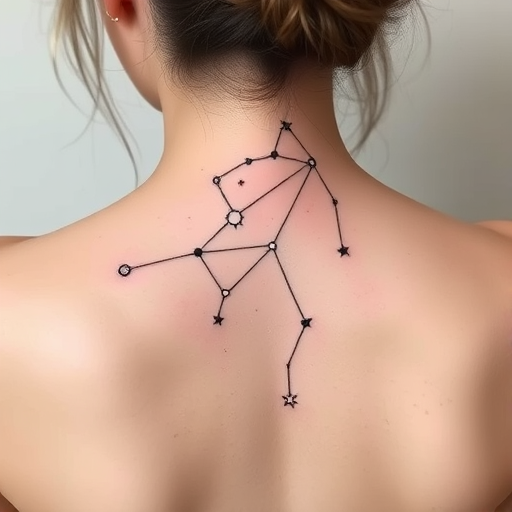 Minimalist fine line constellation tattoo connecting delicate stars and celestial bodies, forming a personalized zodiac map across the spine, with subtle touches of white ink for added dimension