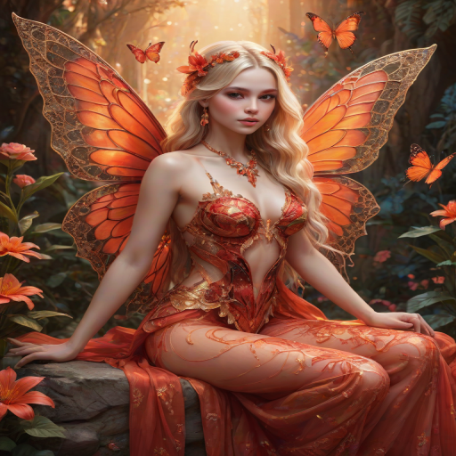 A digital artwork features a winged fairy with delicate Scarlet butterfly wings, adorned with intricate Red andOrange patterns. She is seated on a vibrant Coral flower, wearing a revealing red two-piece outfit with sparkling beadwork. Her fair skin, long blonde hair, and gold jewelry add to her ethereal appearance. The background is a warm, golden gradient, creating a magical atmosphere. Small glowing orbs and sparkles surround the flower, enhancing the enchanting, highly detailed, and realistic scene.