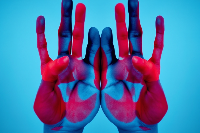 Regenerate a vivid abstract image of overlapping blue and red human handprints, emphasizing the blending colors in a symmetrical design, taken with a DSLR camera at f/2.8 aperture, ISO 100, 1/125s shutter speed, from a top-down view, using a macro lens to enhance detail and texture.
