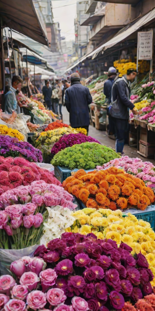 Bustling flower market, with rows of bright blooms in every color, the air filled with their sweet fragrance, and vendors arranging bouquets for eager customers.