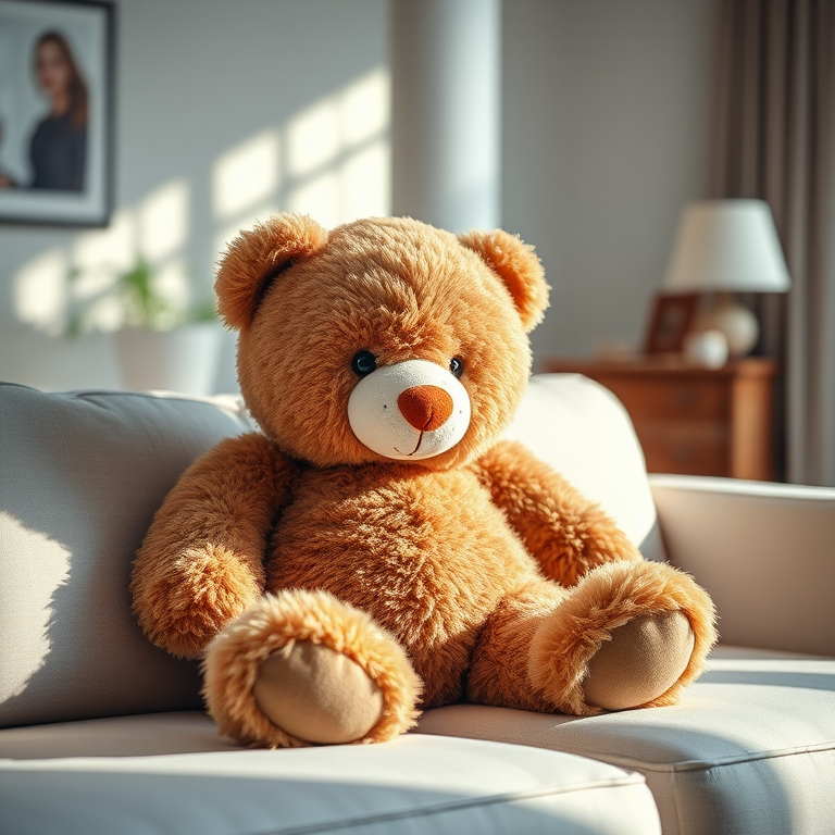 A large, fluffy brown teddy bear sitting on a modern white sofa in a softly lit room, captured with a DSLR camera using a 50mm lens at f/1.8, ISO 100, 1/200 sec, in natural light to enhance texture and warmth.
