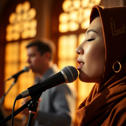A close-up portrait of a asian woman with her eyes closed, singing into a microphone, positioned on the right side of the frame, facing the viewer. She is wearing a brown headscarf, gold earrings, and a brown blouse, and is bathed in warm, golden light emanating from the windows behind her. A blurred figure of a man singing into a microphone is visible in the background. The scene has a sense of calm and spirituality.