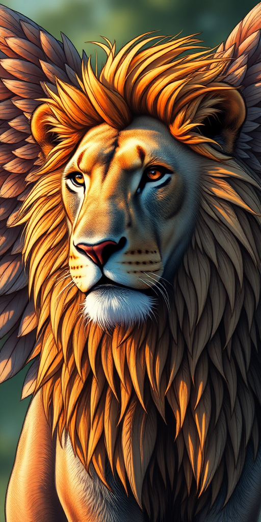 Create a detailed illustration of a winged lion with intricate feather details, using a DSLR camera at f/2.8 aperture, 50mm lens, shot at eye level, with high dynamic range settings and natural lighting to enhance depth and clarity.